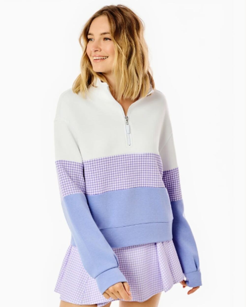 ADDISON BAY JV Quarter Zip Sweatshirt Colorblock Gingham Pullover Jacket Preppy